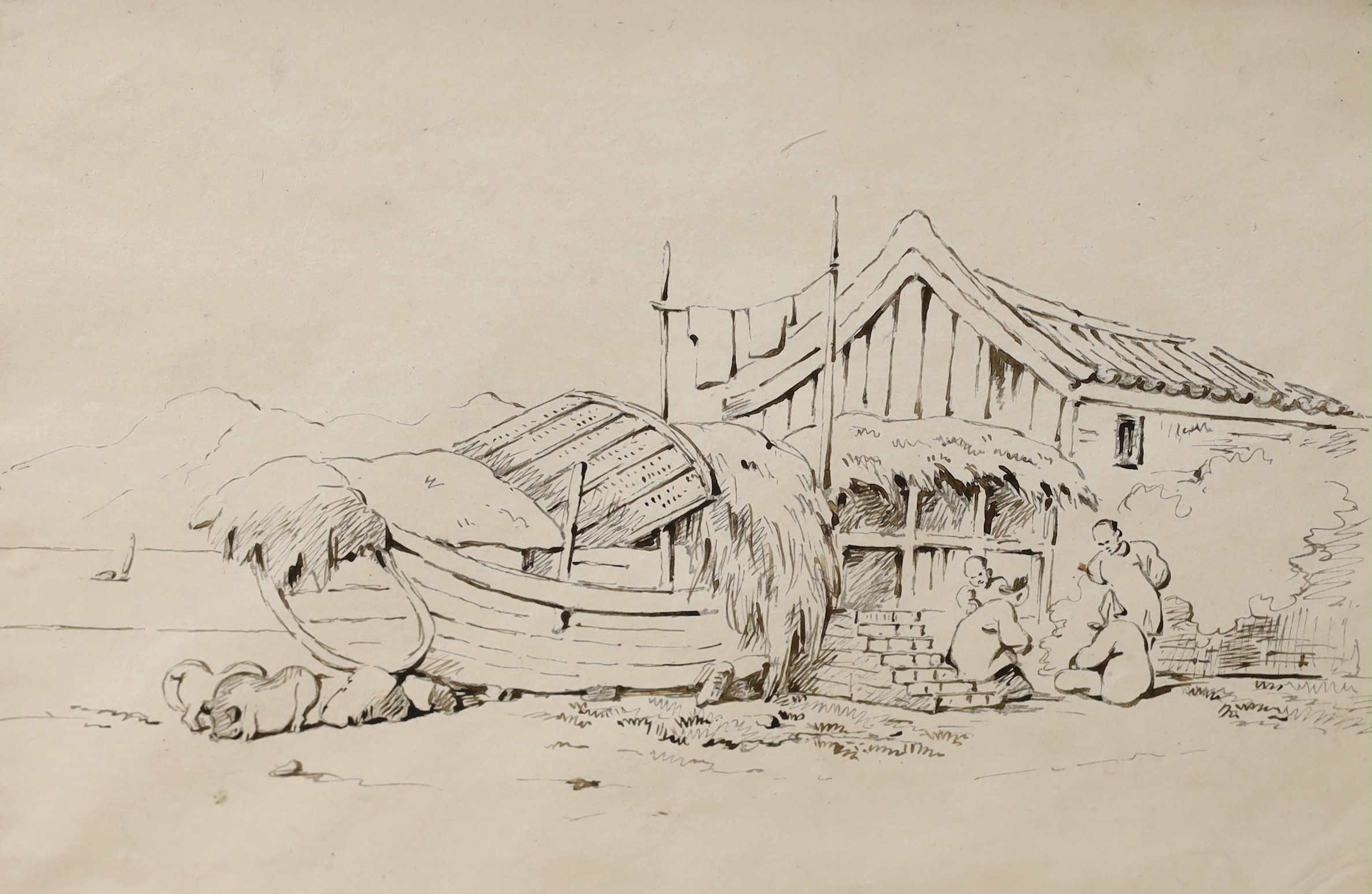 Manner of George Chinnery, three pen and ink drawings, largest 19 x 19cm, unframed